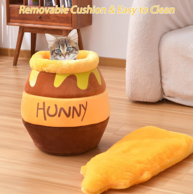 Honey Pot Cat Cave Bed, Soft and Thick Rebound Sponge Pet Nest with Removable & Washable Cushion, Cute Cartoon Design for Small Cats and Breeds